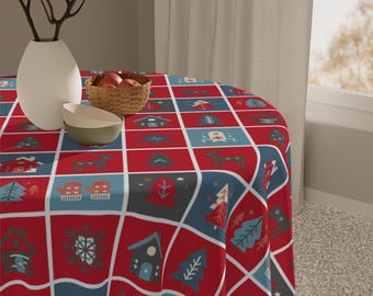 Christmas Tablecloth - Festive Holiday Dining Decor, Xmas Dinner Party Decoration, Winter Season Table Cover, Traditional Home Kitchen