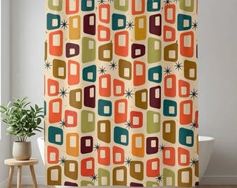 Cortina de chuveiro moderna de meados do século XX, decoração geométrica retrô para banheiro, cortina de chuveiro estilo vintage dos anos 70, cortina de banheiro abstrata e colorida