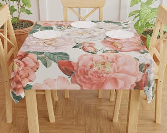 Vintage tafelkleed met bloemen, Blush Peach Rose eettafelhoes, botanisch tafellinnen cottage Core, romantisch interieur