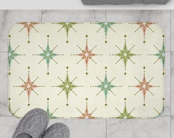 Mid Century Bath Mat, Atomic Starburst Pattern, Retro Geometric Bathroom Decor