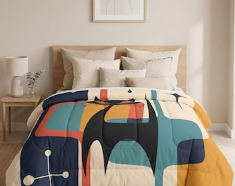 Edredón de algodón Retro Atomic Cat, ropa de cama abstracta de gatos de estilo moderno de mediados de siglo, colcha geométrica llamativa, decoración vintage para dormitorio.