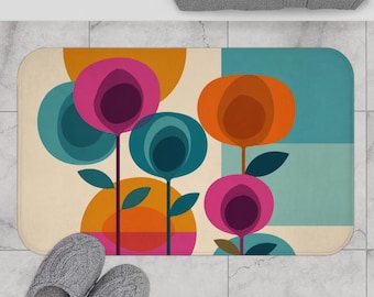 Alfombrilla de baño de estilo moderno de mediados de siglo, alfombrilla de baño con diseño botánico abstracto, decoración en ocre óxido y naranja salvia.
