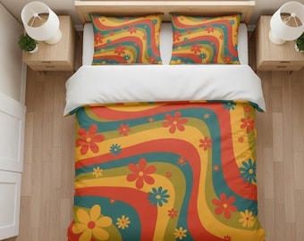 Retro Swirl Floral Comforter, 70s Groovy Bedding, Mid Century Modern Decor