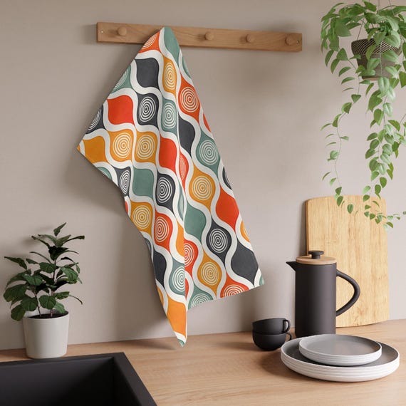 Mid Century Modern Geschirrtuch, Retro geometrisches Geschirrtuch, Vintage Tropfen Muster, Boho 70er Jahre Küchen Dekor, ästhetisches Geschirrtuch Geschenk