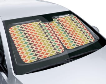 Parasole per auto geometrico retrò, copriparabrezza moderno di metà secolo, parasole per auto con motivo vintage anni '70, accessorio per auto boho colorato