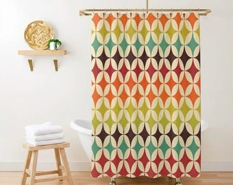 Cortina de chuveiro geométrica retrô, decoração de banheiro moderna de meados do século, cortina de banho com estampa vintage dos anos 70, design de banheiro boho art colorido