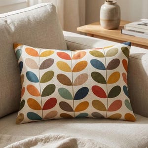 Mid Century Modern Lumbar Pillow, Retro Leaf Pattern Throw Cushion, Scandinavian Earth Tone Botanical Home Decor