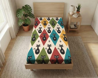 Retro Cat Twin Sheet, Mid Century Modern Kids Bedding, Diamond Pattern Black Cat Bed Sheet, Atomic Starburst Bedding Decor