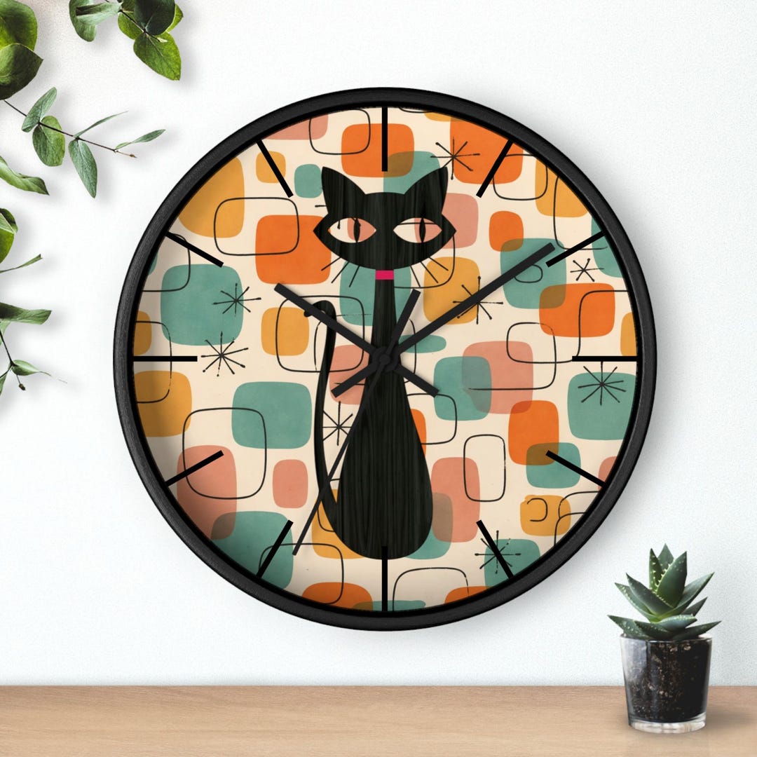 Rustic Cat Clock Mid Century Modern Cat Wall Clock, Retro Geometric Wall Decor, Cute ...