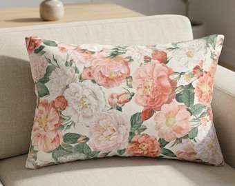 Poduszka lędźwiowa w kwiaty w stylu vintage, poduszka botaniczna z motywem brzoskwini i róży