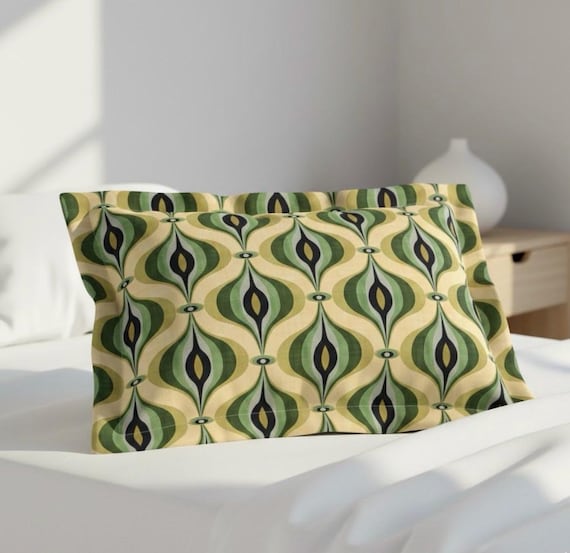 Mid Century Moderne Kissen Sham, Retro geometrisches grünes Muster, Boho skandinavischen 1970er Jahre Stil Bettwäsche Dekor