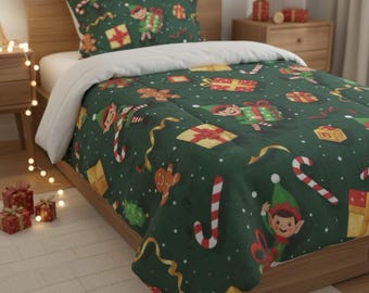 Christmas Themed Comforter, Holiday Quilt, Gingerbread Bedding, Festive Blanket, Winter Bedroom Decor, Xmas Comforter Set