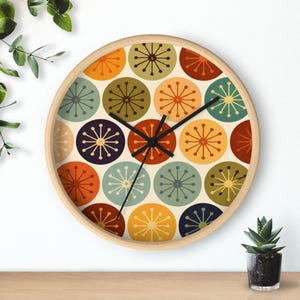 Retro Atomic Wall Clock, Mid Century Modern Starburst Wall Decor, Circle Burst Pattern in Mustard, Olive, Teal and Burnt Orange