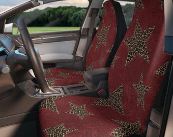 Leopard Star Pattern Car Seat Covers, Western Auto Interior, Burgundy Animal Print, Rustic Cowgirl Vehicle Decor