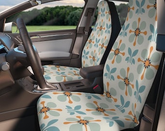Retro Floral Car Seat Covers, Mid Century Modern Auto Interior, Teal Sage Amber Pattern Seat Covers, Vintage Geometric Car Accessories