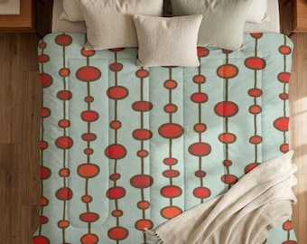 Katoenen dekbed uit het midden van de eeuw, retro gestippeld kettingpatroon, slaapkamerinrichting Atomic