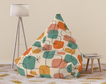 Retro Bean Bag Chair Cover, Mid Century Modern Bean Bag Cover, Vintage Geometric Beanbag, Colorful Lounge Chair Cover, Floor Seating Decor