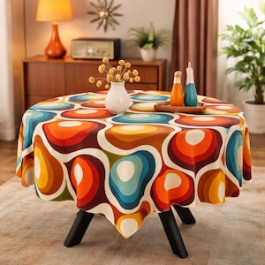 70-tals retroduk, geometriskt mönster i mitten av århundradet, färgglad boho matbordsdekor i vintagestil, bordsduk i vintagestil med geometriskt mönster