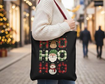 Christmas Tote Bag - Festive Holiday Red Green Xmas Shopping Carry All, Gift Bags, Reusable Grocery Totes, Winter Season Handbag