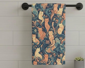 Katzen Muster Handtuch, wunderliche Jugendstil Katze Badezimmer Dekor, Boho dekoratives Handtuch, niedliches Katzen-Liebhaber Geschenk, künstlerische Heim Textil