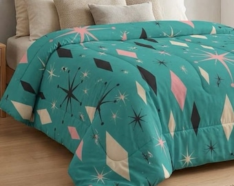 Retro Atomic Cotton Comforter, Teal Starburst Diamond Pattern Bedding, Mid Century Bedroom Decor