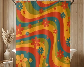 Cortina de chuveiro retrô de meados do século XX, decoração floral descolada para banheiro dos anos 70, estilo geométrico vintage para casa, design moderno e colorido.