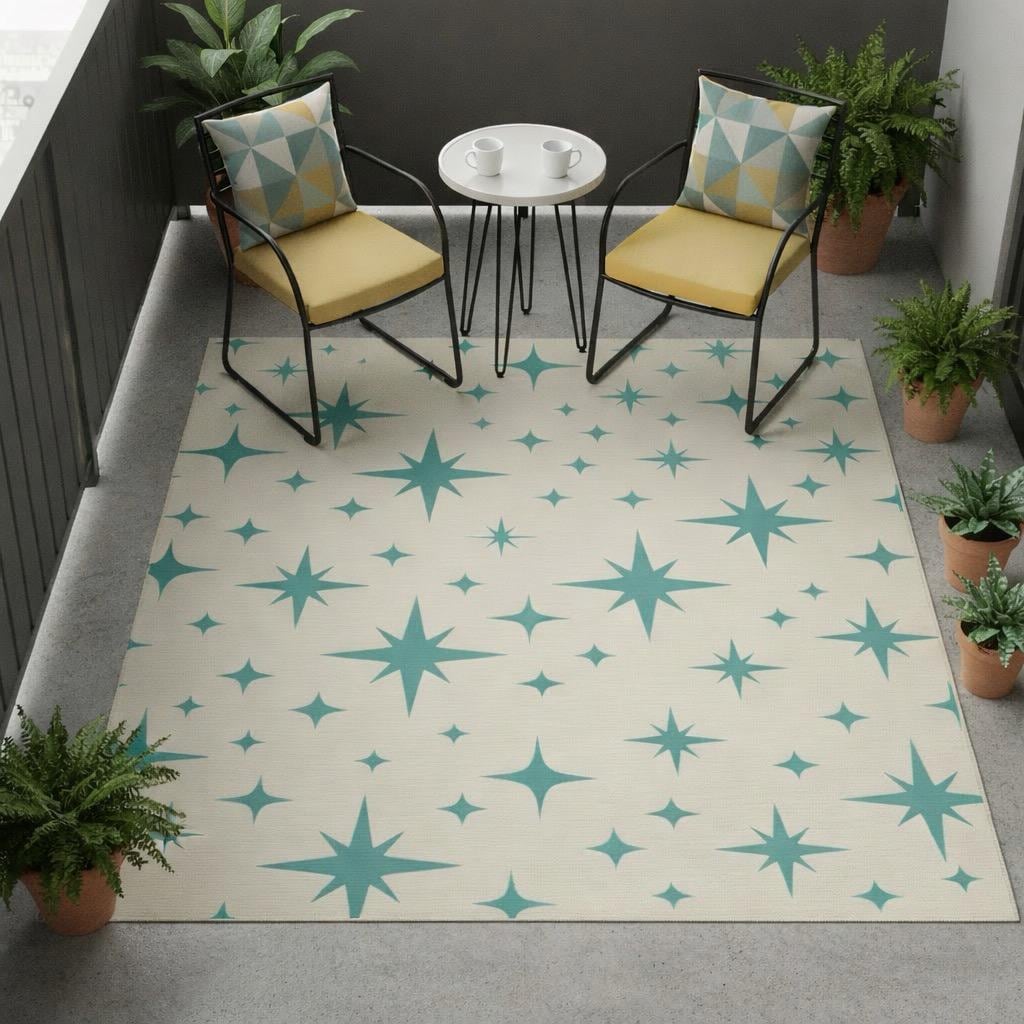 Mid Century Modern Starburst Outdoor Rug, Retro 1950s Atomic Age