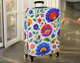 Funda de equipaje con estampado floral escandinavo, protector de maleta con estampado floral brillante, accesorio de viaje botánico vibrante, funda de maleta