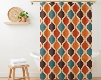 Retro Shower Curtain, Mid Century Modern Bathroom Decor, Boho Geometric Teardrop Pattern, Vintage Bathroom Curtain, Colorful Bathroom