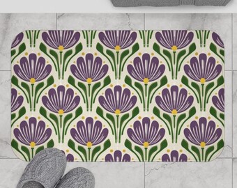 Mid Century Floral Bath Mat, Retro Botanical Bathroom Rug, Scandinavian Purple Green Bath Rug, Non Slip Memory Foam Mat