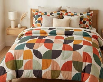 Edredón de algodón de estilo moderno de mediados de siglo, ropa de cama geométrica, edredón con estampado de arco abstracto retro, decoración de dormitorio boho escandinava.
