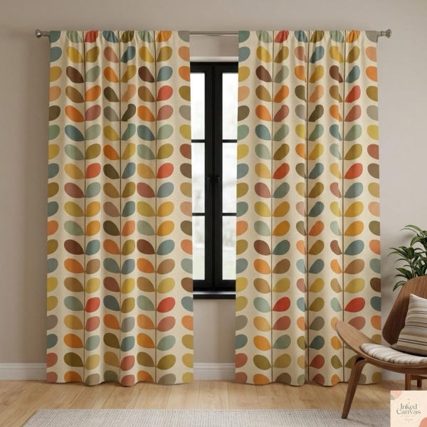 Scandinavian Leaf Window Curtain, Mid Century Modern Botanical Panel, Retro 60s Autumn Color Drapes, Minimalist  Home Decor (One Piece]