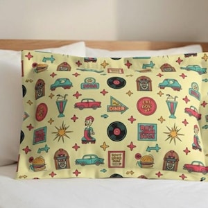 Funda de almohada con diseño de restaurante retro de los años 50, funda de almohada vintage, decoración de dormitorio de mediados de siglo, ropa de cama rockabilly, bonita funda de almohada retro.