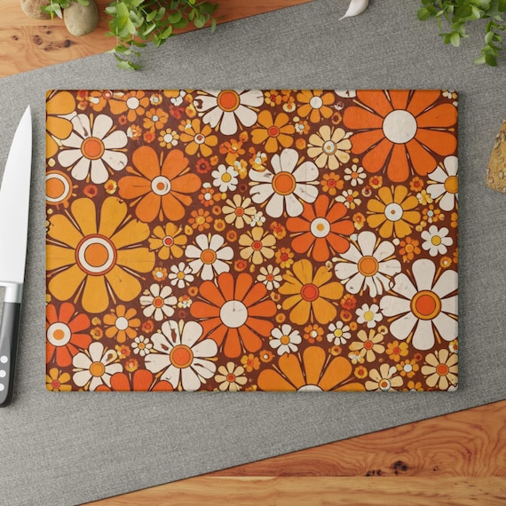 70er Jahre Retro Glasbrett, Vintage Daisy Küchenbrett, Mid Century Floral Schneidebrett, Boho Braunes Brett, Orange Küchendeko