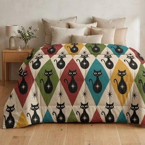 Couette en coton chat atomique rétro, literie de chat géométrique moderne du milieu du siècle, motif de losanges colorés, cadeau pour amoureux des chats