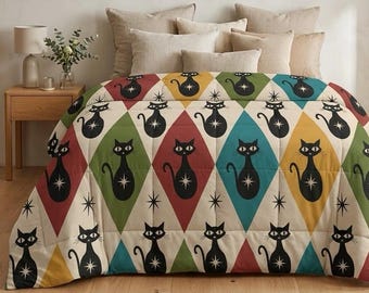 Edredón de algodón Retro Atomic Cat, ropa de cama geométrica de gatos de estilo moderno de mediados de siglo, estampado de diamantes coloridos, regalo para amantes de los gatos