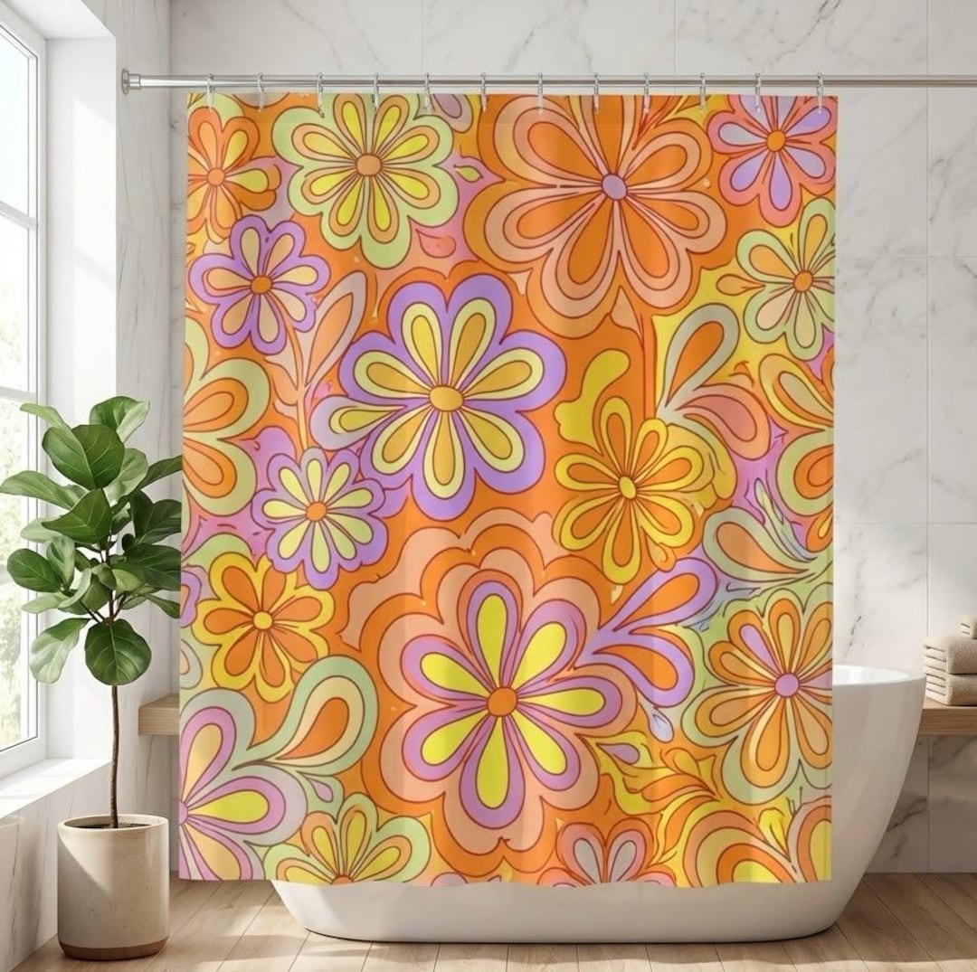 Retro Floral Shower Curtain, 70s Flower Bathroom Decor, Mid