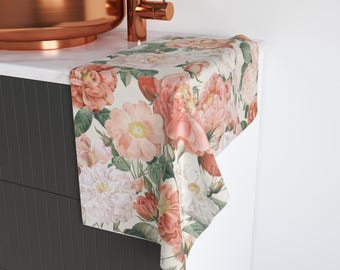 Vintage Floral Hand Towel, Blush Peach Rose Bathroom Towel, Cottagecore Botanical Guest Towel, Romantic Bathroom Decor, Kitchen Towel