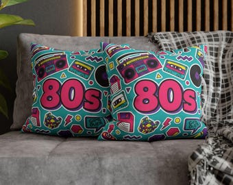 Retro 80s Throw Pillowcase, Vintage Eighties Decor, Neon Retro Boombox Design, 80s Aesthetic Cushion, Retro Home Accent