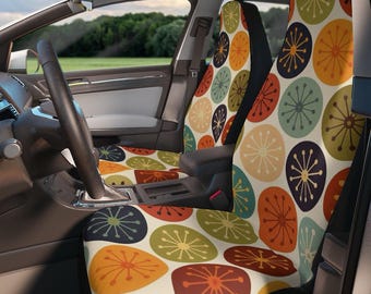 Retro Atomic Car Seat Covers, Mid Century Modern Starburst Auto Decor, Circle Burst Pattern in Mustard, Olive, Teal and Burnt Orange