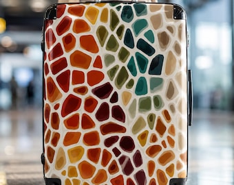 Mid Century abstraktes Mosaik Koffer, abstraktes geometrisches Reisegepäck, künstlerische Tragetasche, Retro bunter Reisekoffer