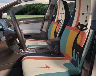 Housses de siège d'auto pour chat rétro atomique, décoration de voiture géométrique moderne du milieu du siècle, motif abstrait, idée cadeau pour amoureux des chats