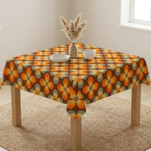 Mid Century Retro Tischdecke, 70er Jahre Blumen Dekor, Vintage Geometrische Küche Stil, Bunt, Modernes Wohndesign