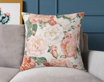 Vintage Floral Throw Pillow, Blush Pink Rose Cushion, Cottagecore Botanical Sofa Decor, Soft Romantic Living Room Accent
