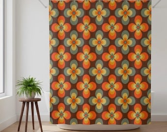 Cortina de chuveiro retrô de meados do século XX, decoração floral para banheiro dos anos 70, estampa geométrica vintage, arte boho para banheiro, design moderno e colorido para banheiro.