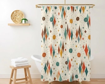 Mid Century Modern Shower Curtain, Retro Atomic Bathroom Decor, Geometric Vintage Pattern Shower Curtain, Retro Bathroom Art