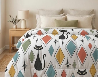 Retro Cat Cotton Comforter, Mid Century Modern Bedding, Diamond Pattern Black Cat Bedspread, Atomic Starburst Bedroom Decor