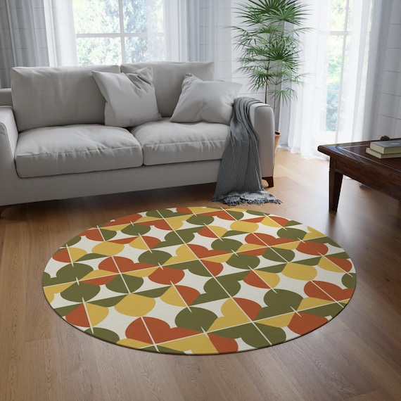 Mid Century Modern Rund Teppich, Retro Geometrisches Muster Teppich, 70er Jahre Stil Bunter Teppich, Skandinavisches Wohnzimmer Dekor, Boho Akzent