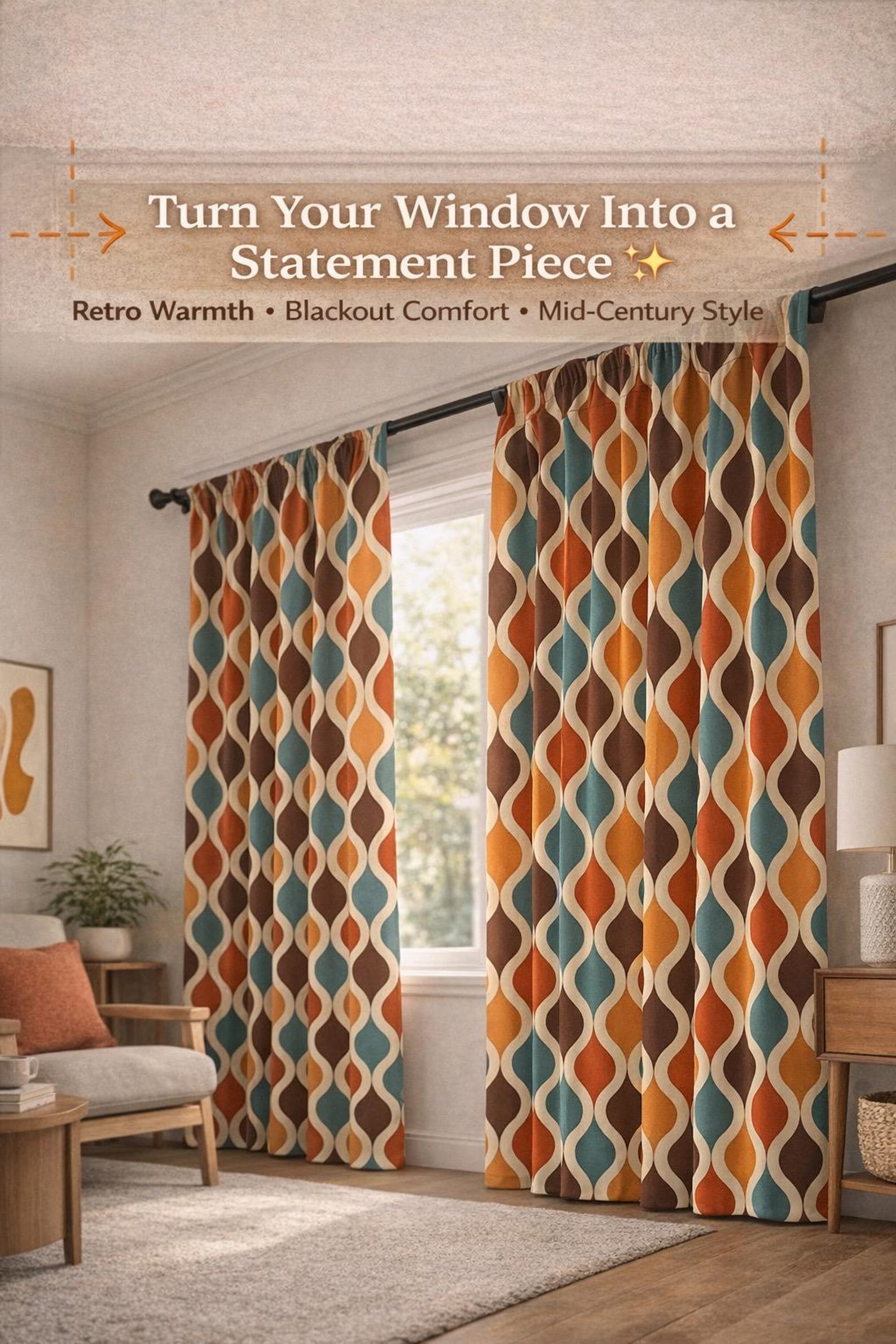 70s Display Window Mid Century Modern Window Curtain, Retro Geometric Window Curtain, 70s ...