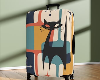 Mid Century Atomic Cat Luggage Cover, Retro Geometric Suitcase Protector, Cat Travel Cover